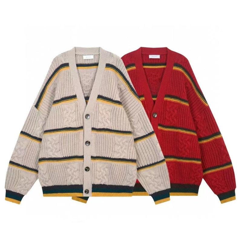Men's striped long-sleeved cardigan sweater